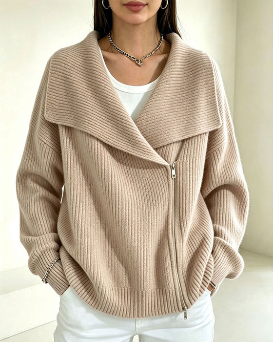 Large Lapel Diagonal Zipper Cardigan