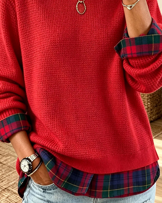 Round Neck Plaid Patchwork Fake Two Piece Pullover