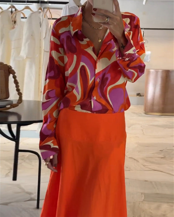Lapel Colorful Printed Blouse with Buttons