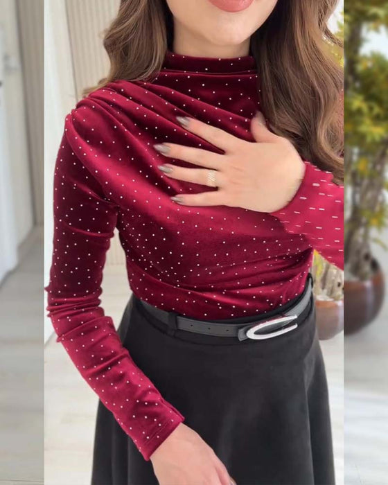 Solid Color Shimmering Long-Sleeved Top