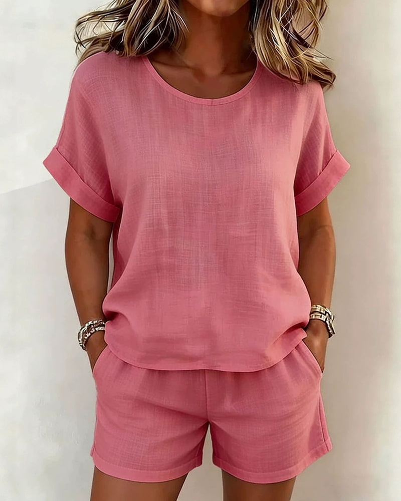 Solid Round Neck Short Sleeve Shorts Set