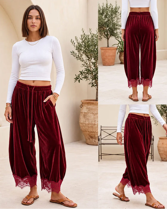 Elastic Waist Lace Stitching Wide Leg Pants