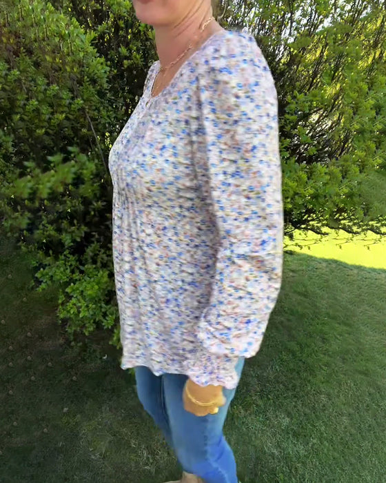 Puff Sleeve Floral Pleated Top