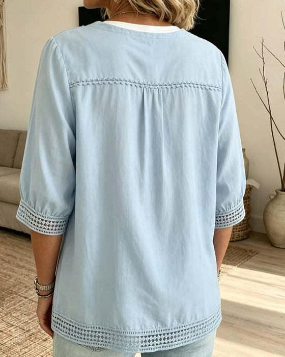 V-Neck Button Lace Blouses