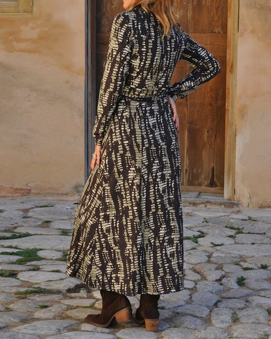 Lapel-Front Fitted Waist Printed Maxi Dress