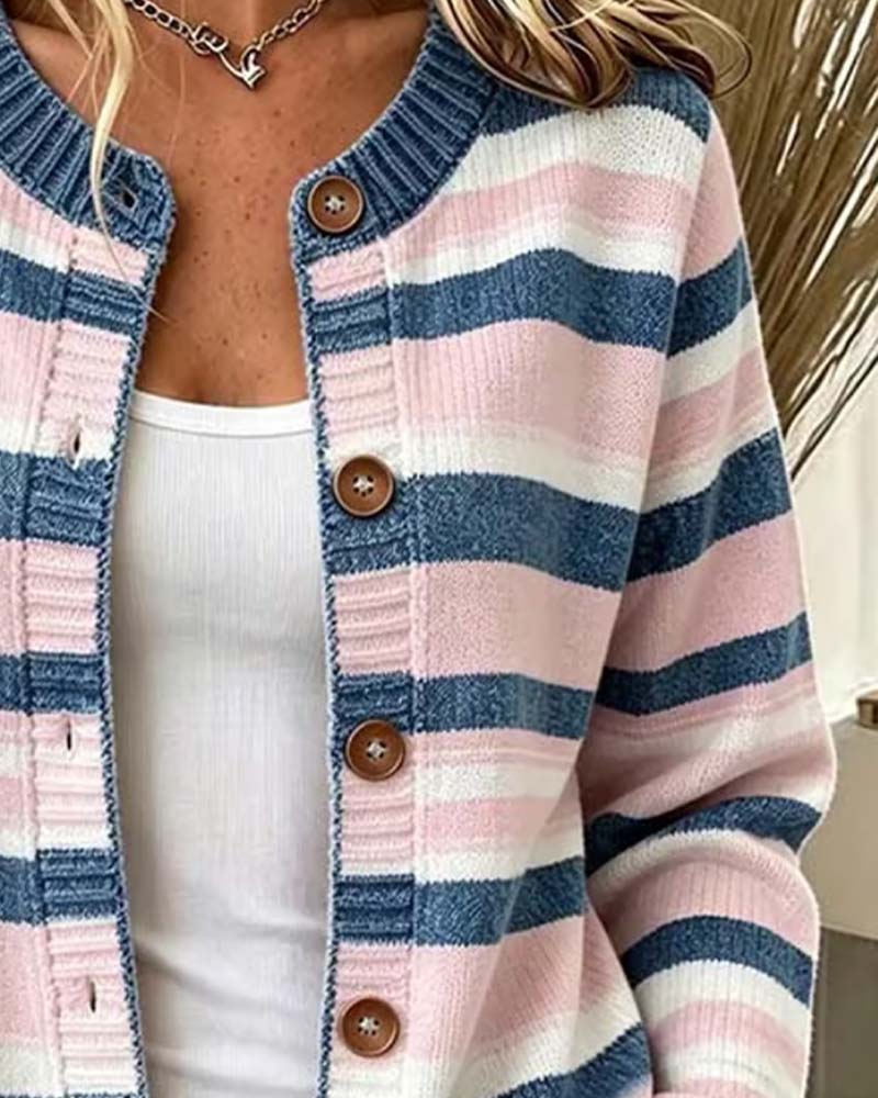 Striped Crew Neck Single-Breasted Cardigan