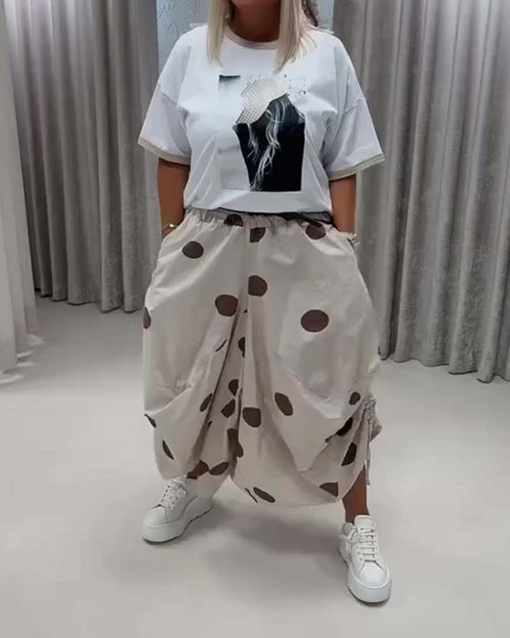 Drawstring Pocket Polka Dot Loose Fit Harem Pant