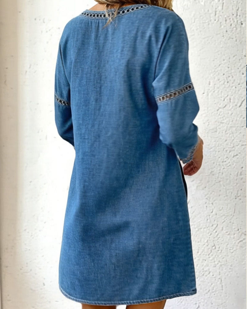 Hollow-Out Short-Sleeved Denim Dress