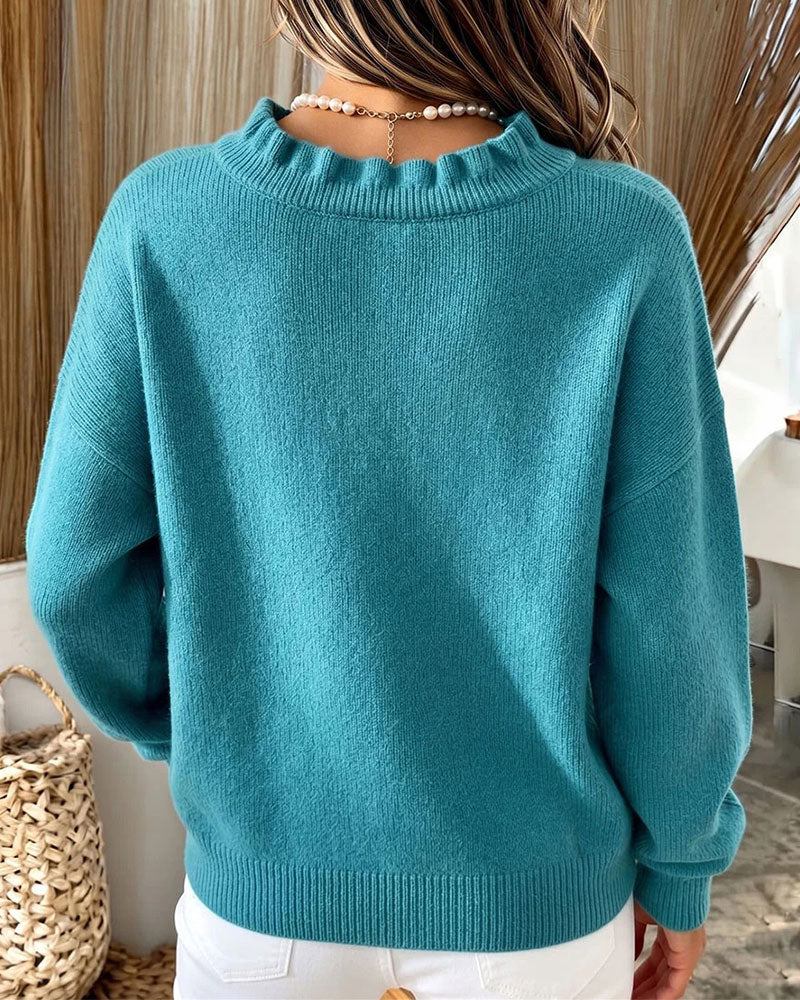 V-Neck Ruffle Dropped-Shoulder Pullover