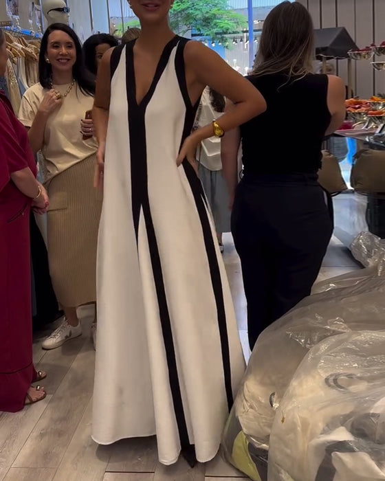 V-Neck Sleeveless Colorblock Loose Dress