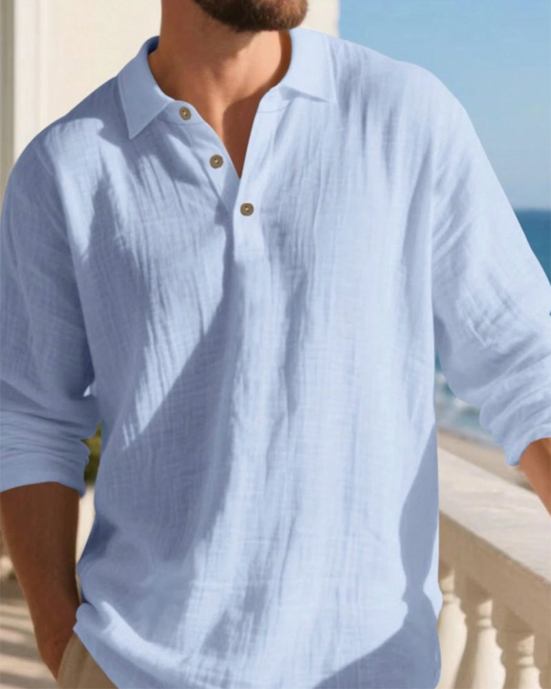 Men's Lightweight Loose Linen Long Sleeve Polo Shirt