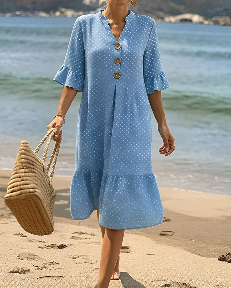 Polka Dot V-Neck Ruffle Sleeve Dress