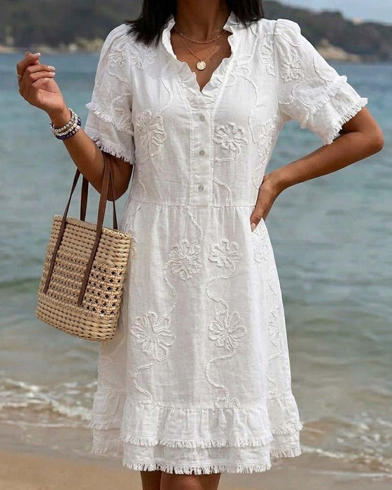 Stand Collar Half Placket Fringe Dress