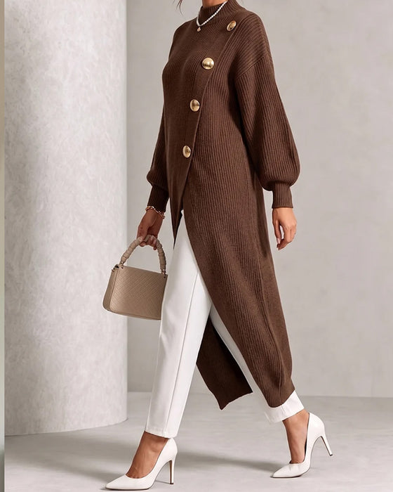 Diagonal Button Slit Lantern Sleeve Sweater Dress
