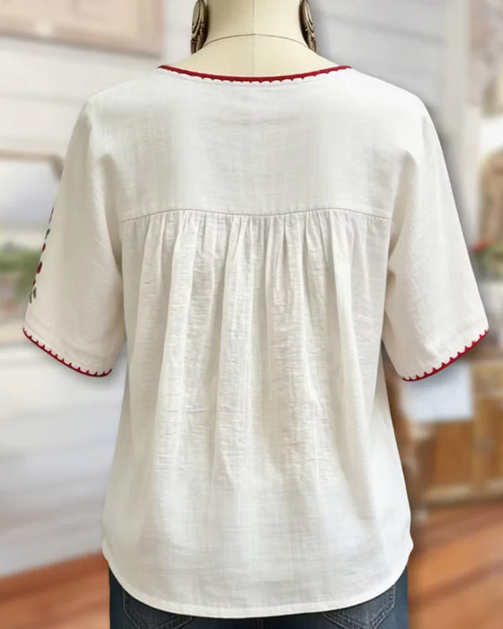 Crew Neck Embroidered Bohemian Blouse