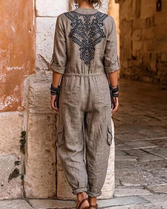 Printed Tapered-Leg Cargo Jumpsuit