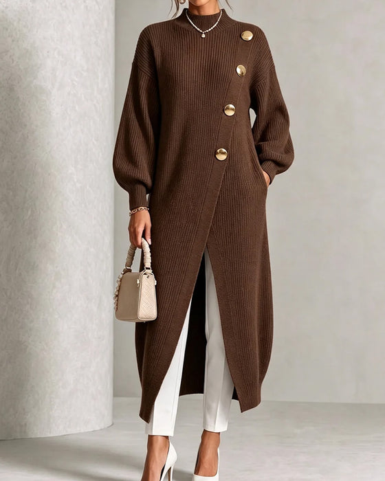Diagonal Button Slit Lantern Sleeve Sweater Dress