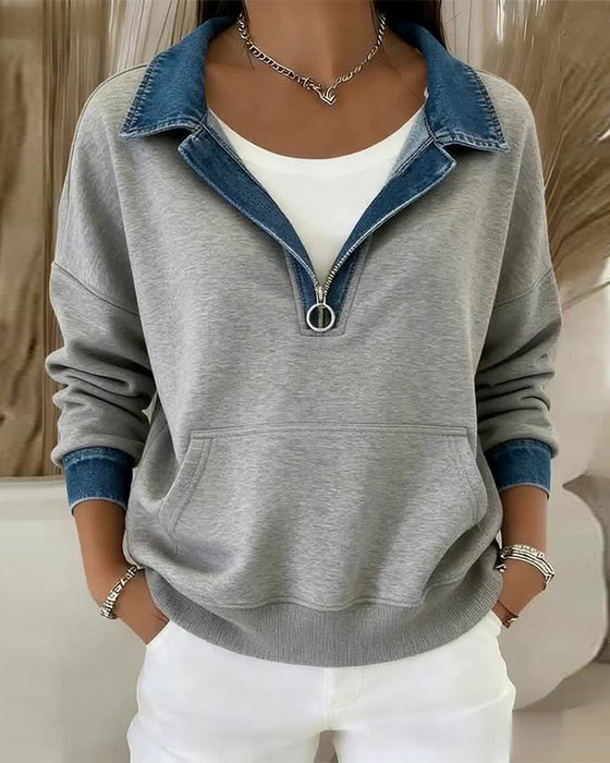 Lapel Contrast Color Stitching Sweatshirt