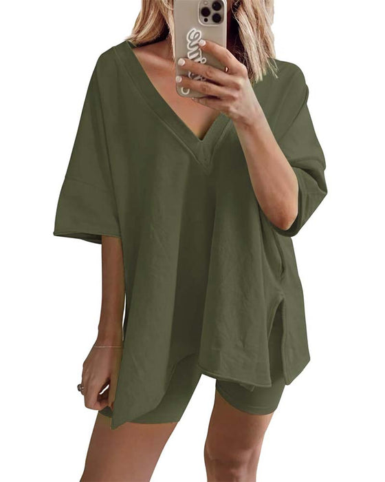 Solid Color V-Neck Sportswear Two-Piece Set