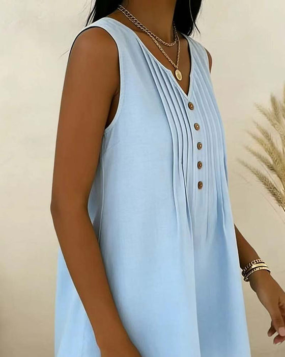 V-Neck Sleeveless Ruffle Button Tank Top