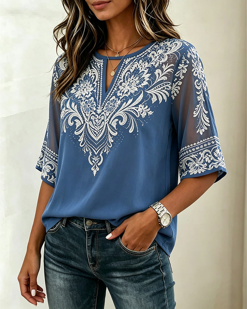 V-Neck Sheer Ethnic Print Blouse
