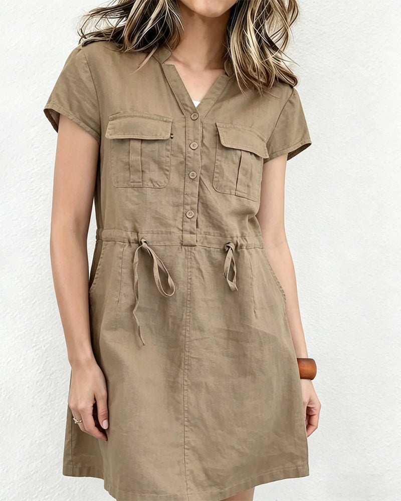 Utility Style V-Neck Drawstring Dress