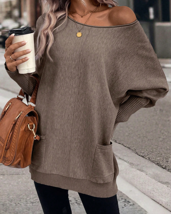 Loose-Fit Batwing-Sleeve Sweater with Pockets