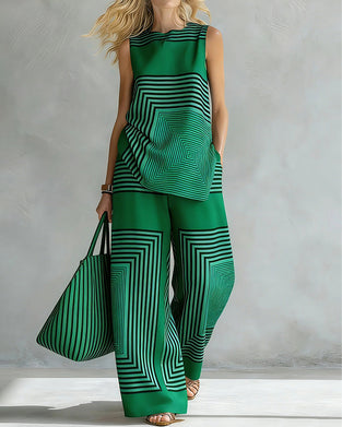 Crewneck Tank Top Wide Leg Pant Geometric Print Set