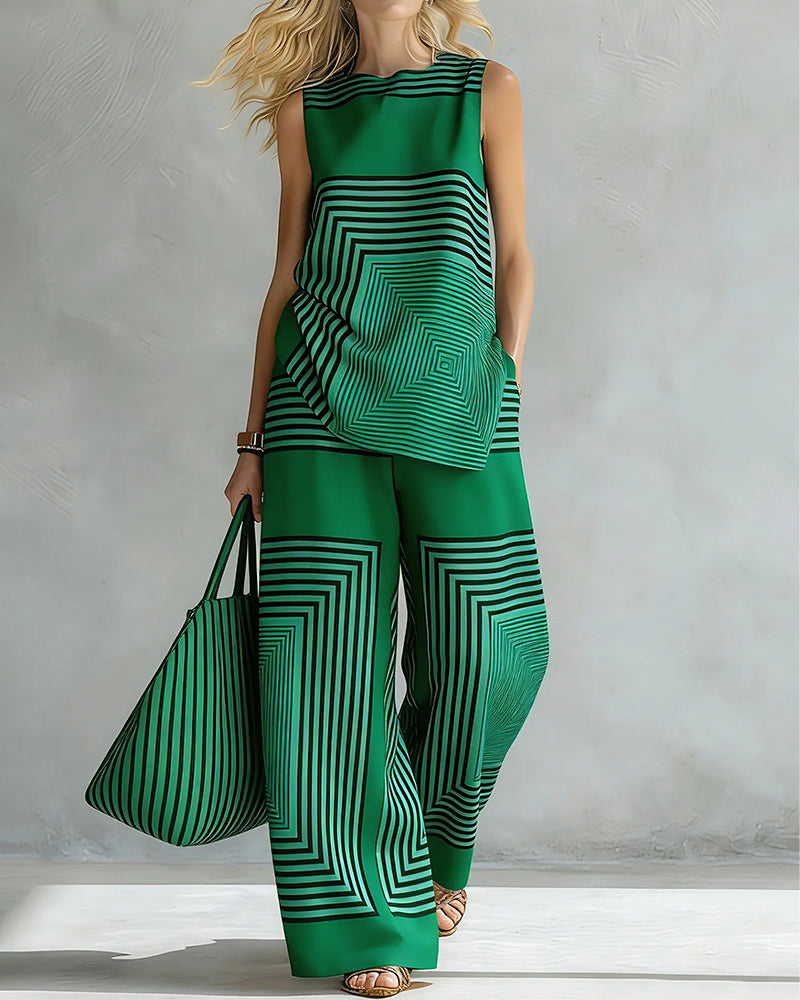 Crewneck Tank Top Wide Leg Pant Geometric Print Set