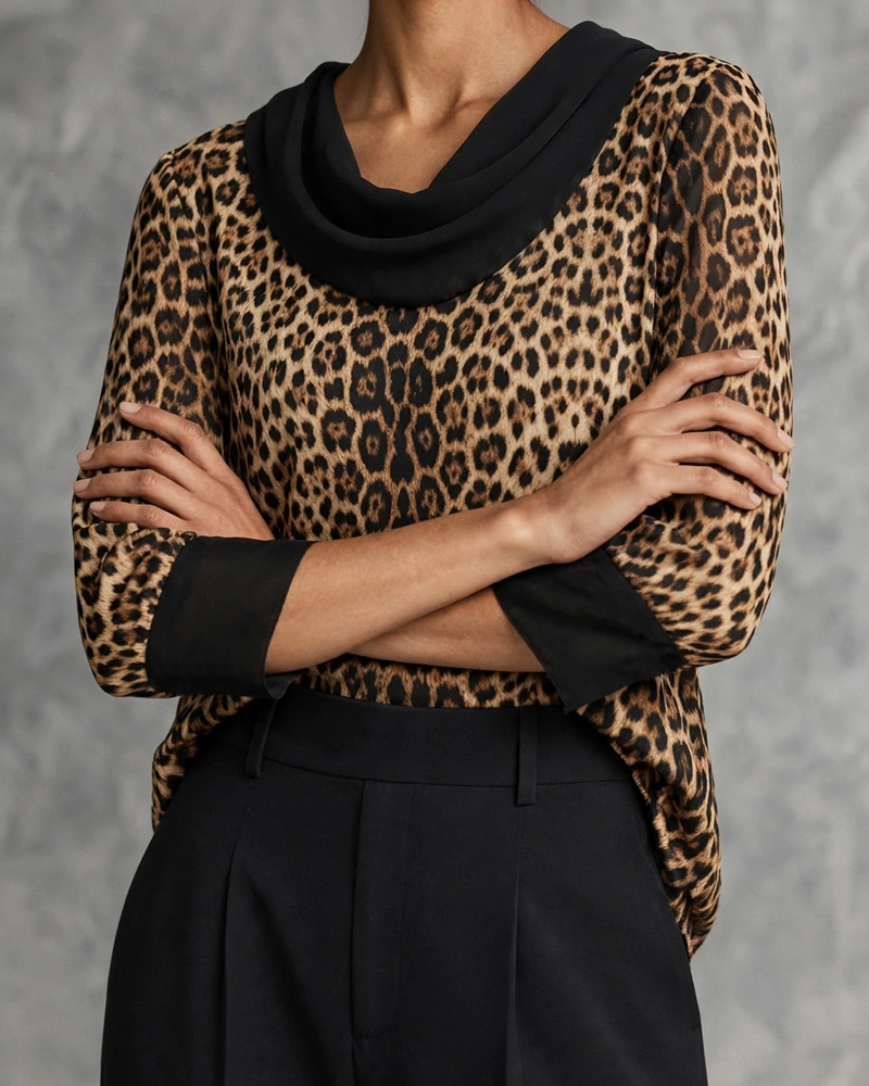 Mock Neck Leopard Elbow-Length Sleeve Blouse