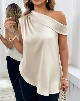 One Shoulder Short-Sleeved Satin Blouse