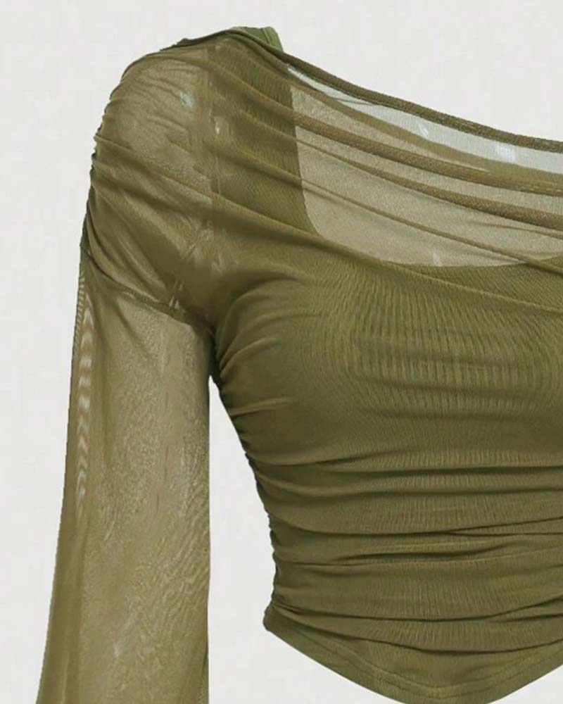 Mesh Ruffled Long Sleeve Cami Blouse