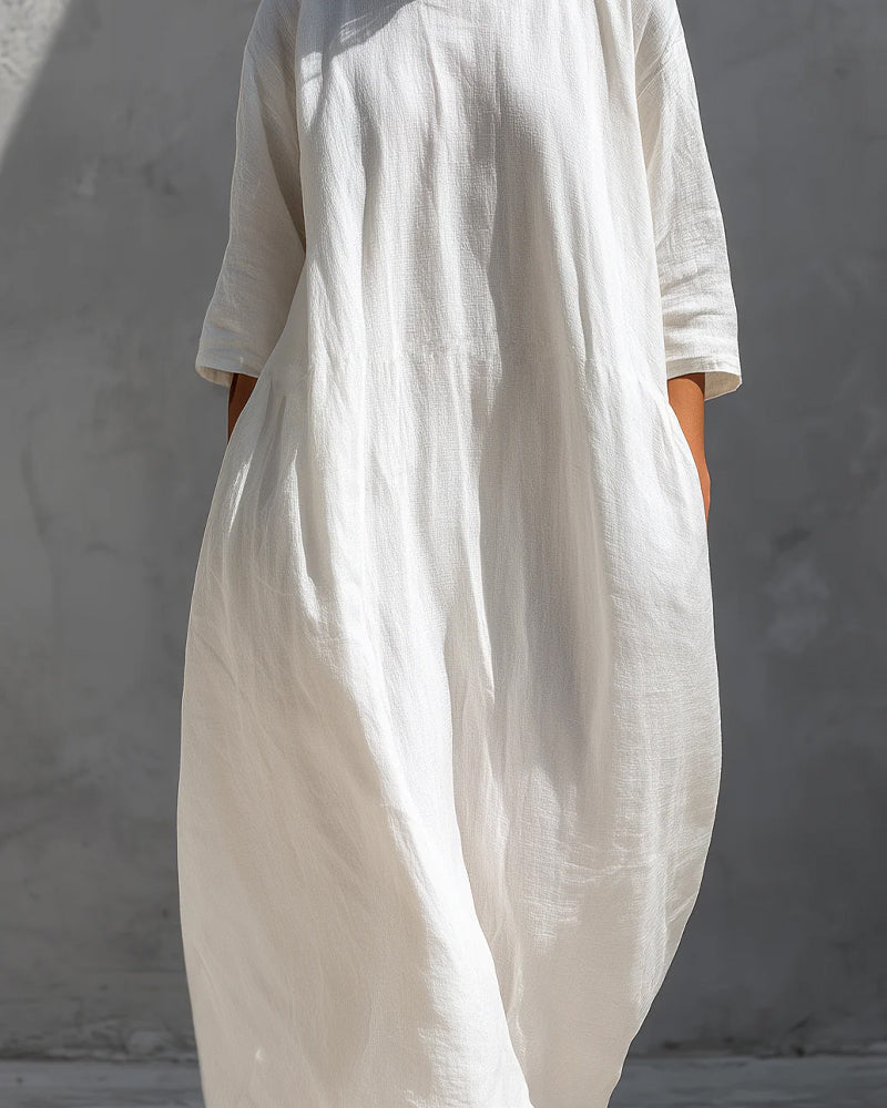 Half Sleeve Solid Color Loose Cotton Dress