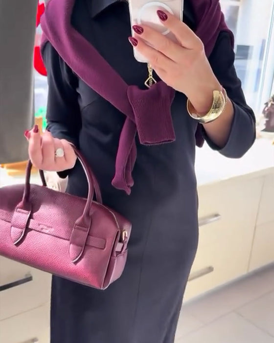 Lapel Slit Zipper Long-Sleeve Dress