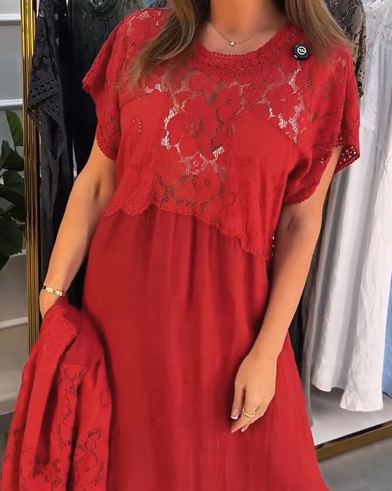 Elegant Lace Trim Patchwork Maxi Dress