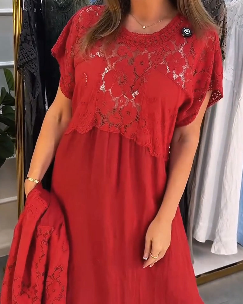 Elegant Lace Trim Patchwork Maxi Dress