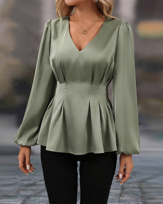 V-neck Puff Sleeve Waist Blouse