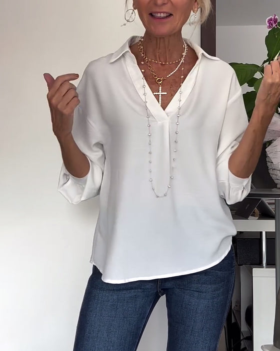 Simple solid color lapel long sleeve top