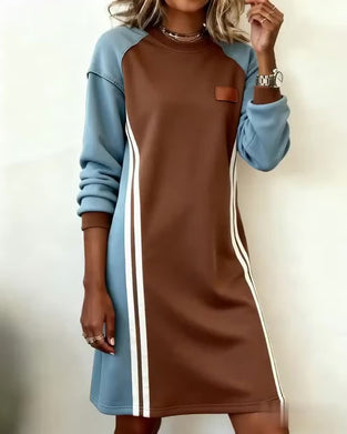 Long-Sleeved Color Block Round Neck Straight Dress