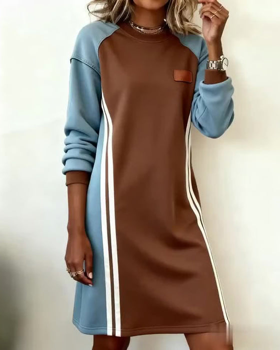 Long-Sleeved Color Block Round Neck Straight Dress