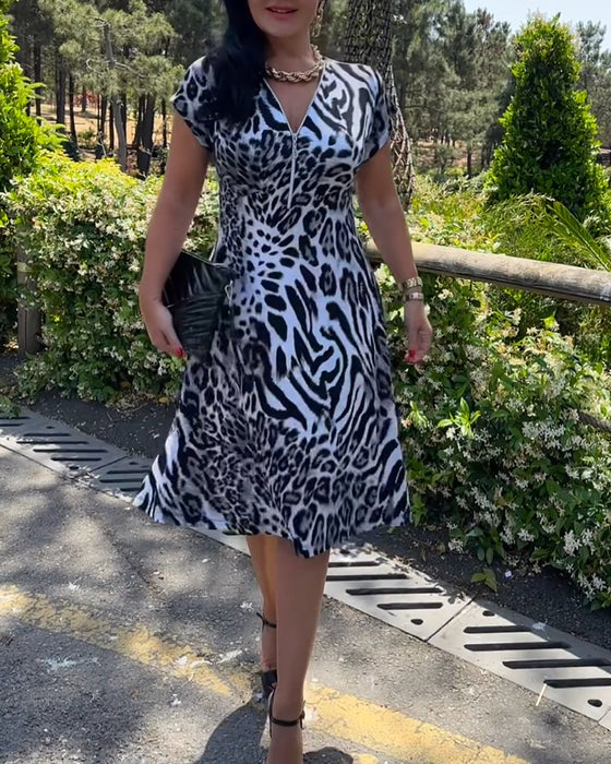 V-Neck Zip-Up Leopard Print Dress