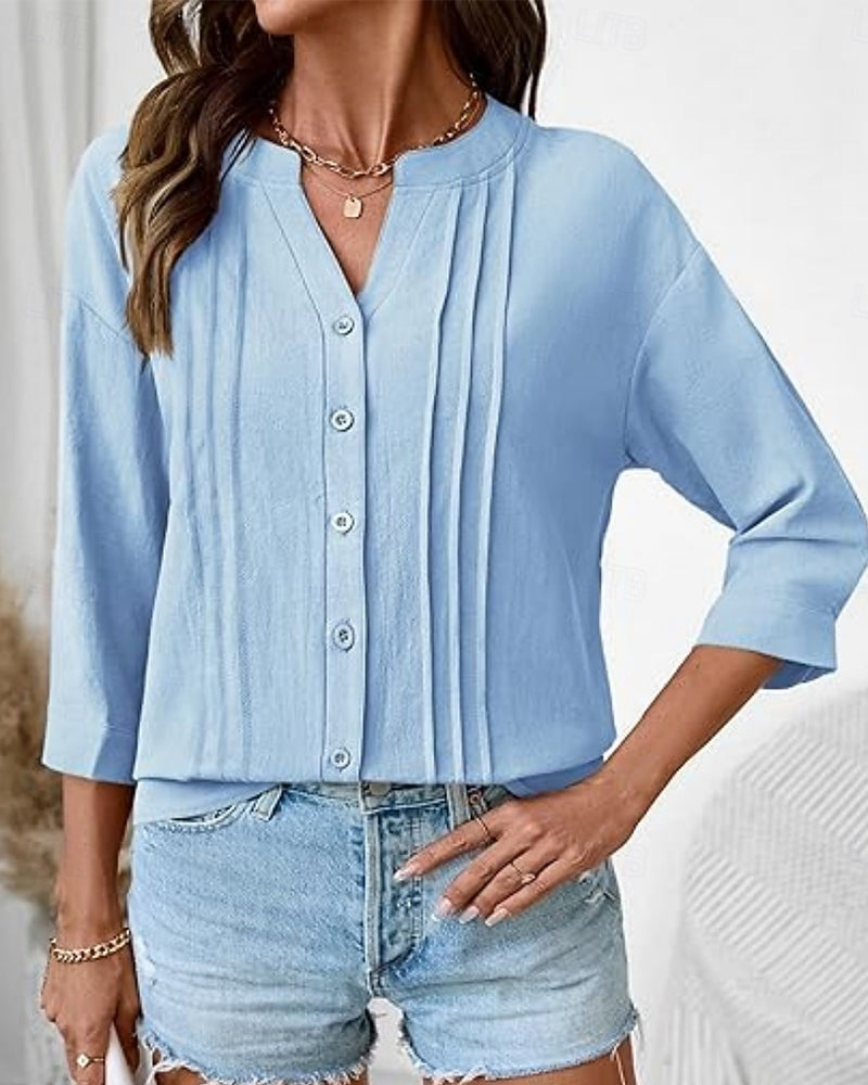 Vertical Pleated V-Neck 3/4 Sleeve Shirt