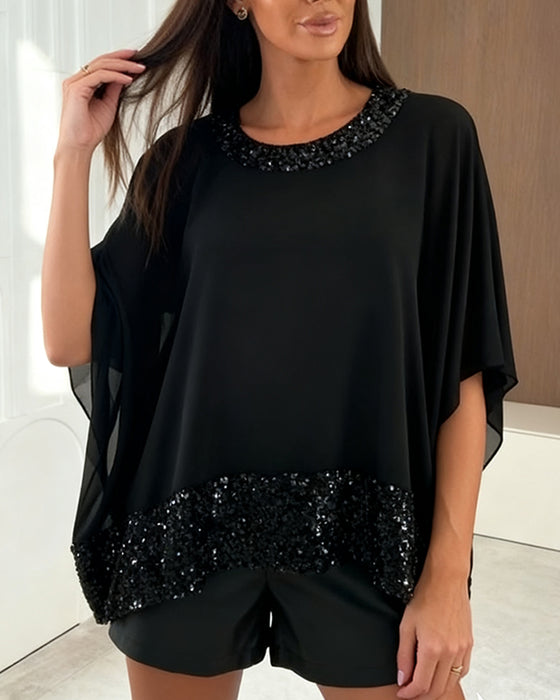 Stylish Batwing Sleeve Shimmering Blouse