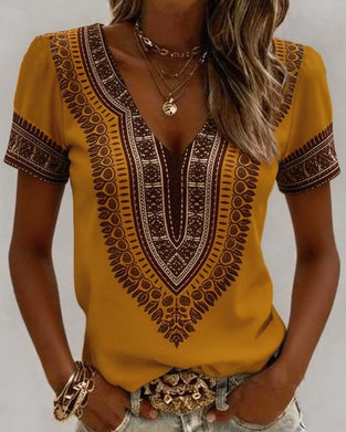 Ethnic V-Neck Short Sleeve T-Shirt