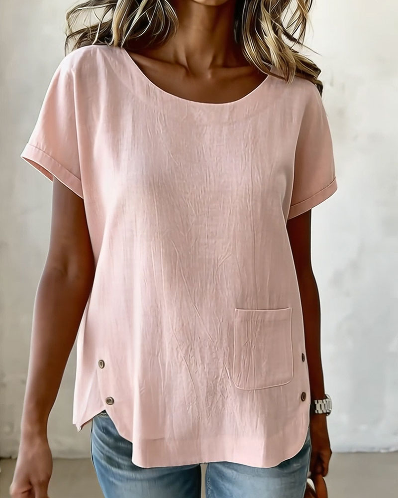 Cotton Linen Button Detail Short Sleeve T-Shirt
