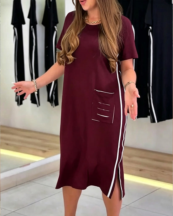Side White Stripe Pocket Straight Dress