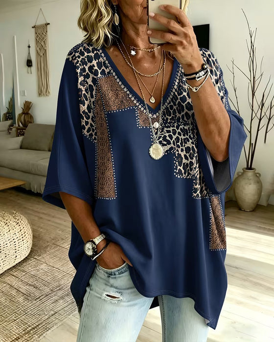 V-Neck Leopard Color Block Elbow-Length Sleeve T-Shirt