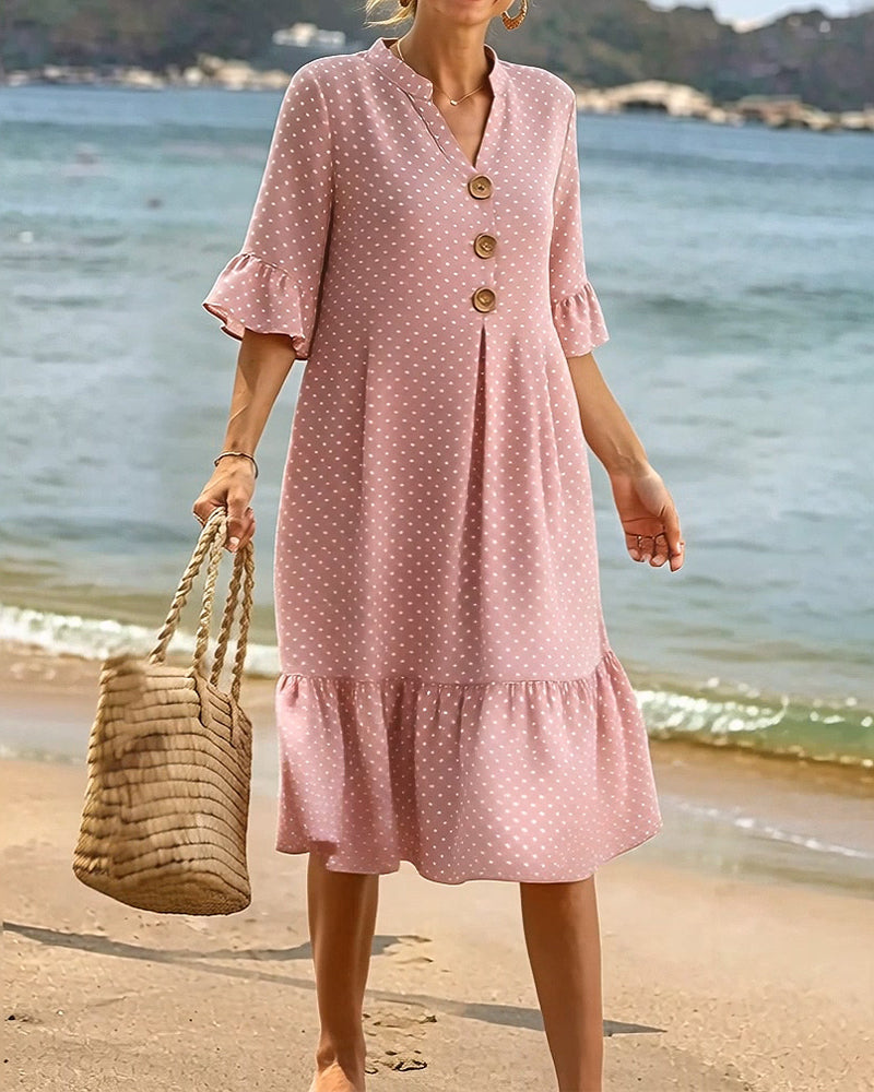 Polka Dot V-Neck Ruffle Sleeve Dress