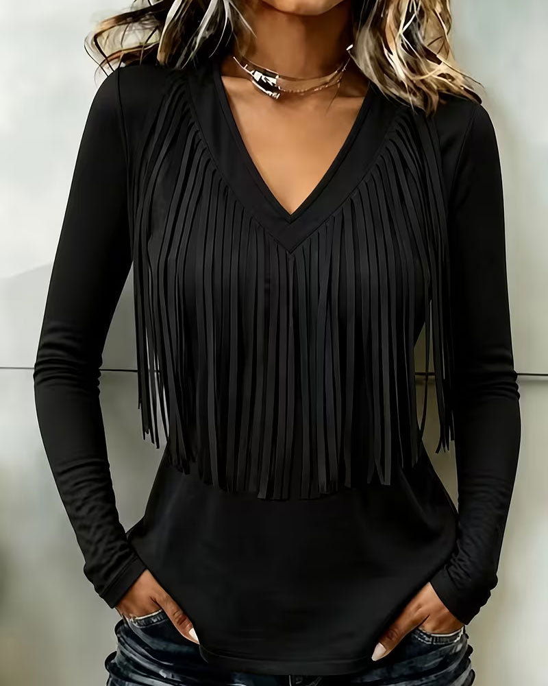 V-Neck Fringe Fitted Long Sleeve Top