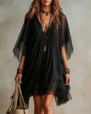 V-neck Irregular Sheer Loose Dress